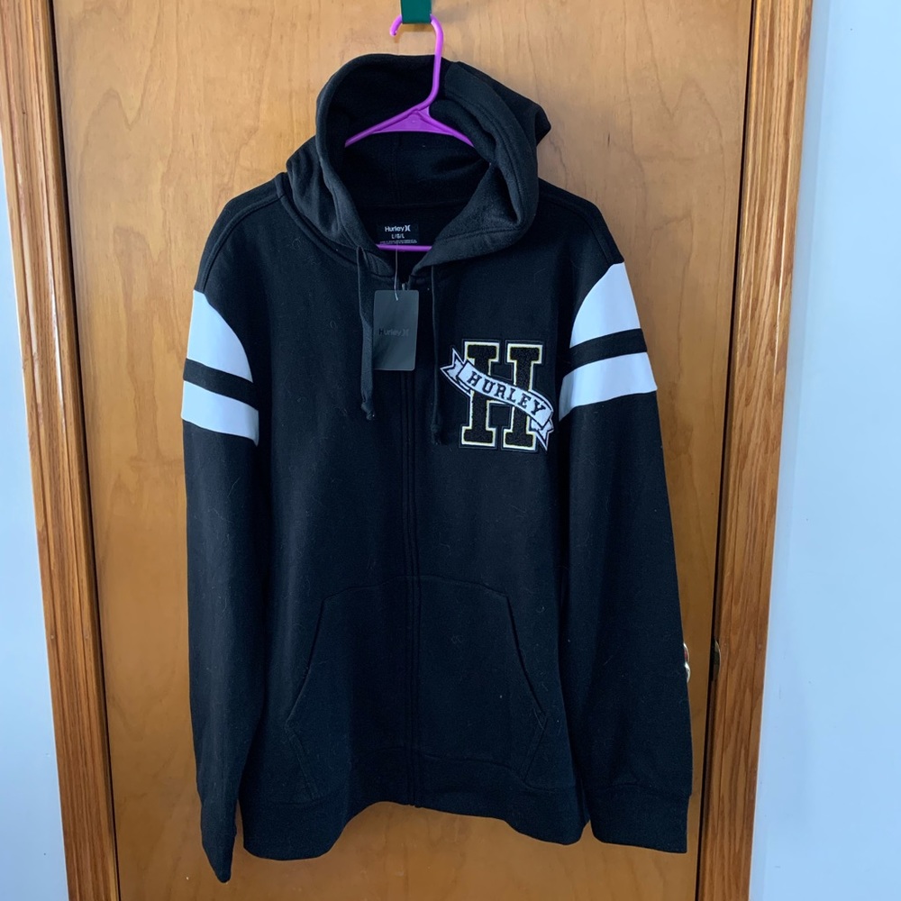 🎉HP x 2🎉New Large Hurley Black & White Chenille Patch Zip Up Hoodie